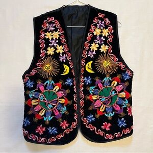 Unbranded Embroidered Velvet Folk Art Vest Womens XL Black Sun Moon Celestial EX